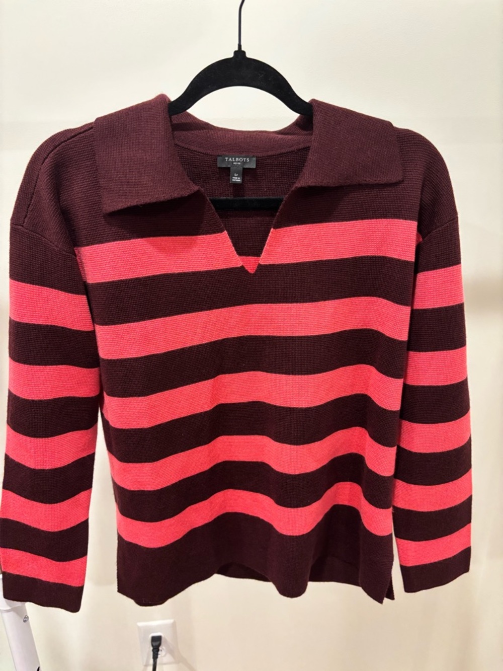 Talbots Coral Pink and Burgundy Striped V-Neck Polo Sweater